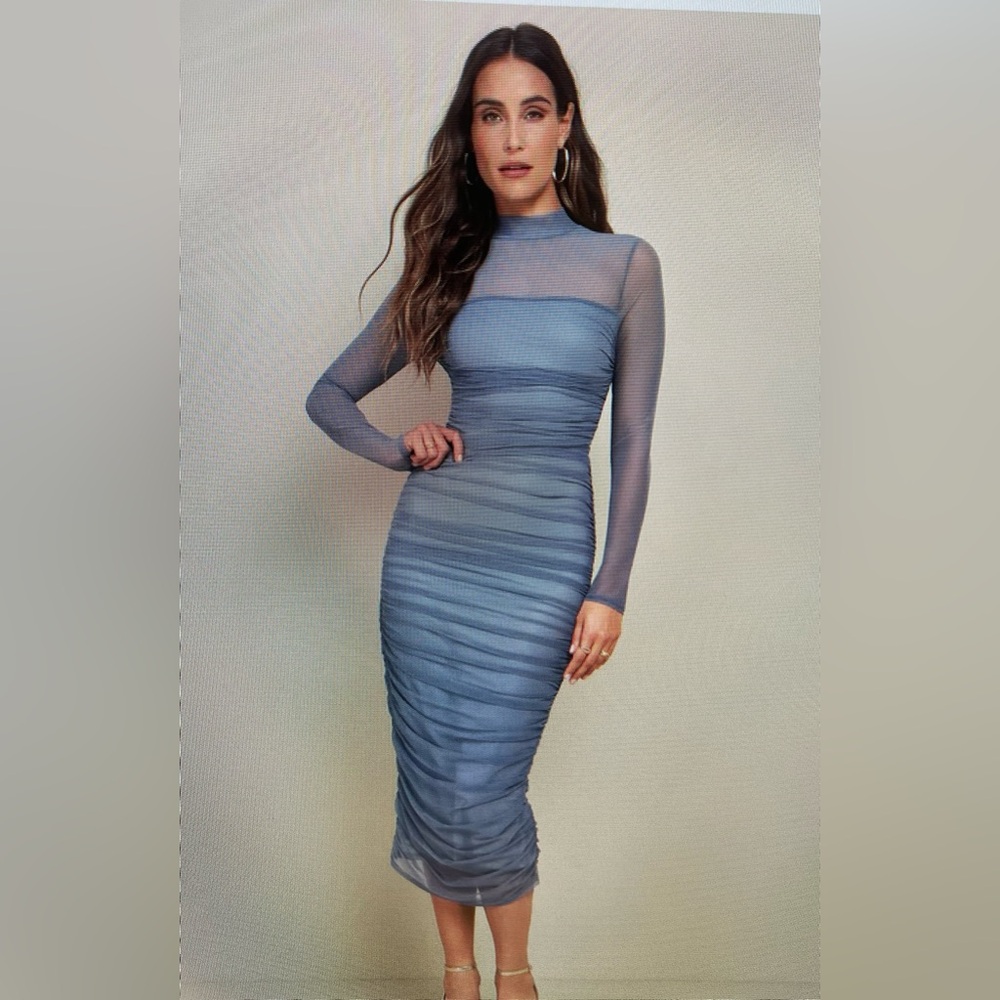 Lulus Flirt Slate Blue Mesh Ruched Mock neck Midi Dress